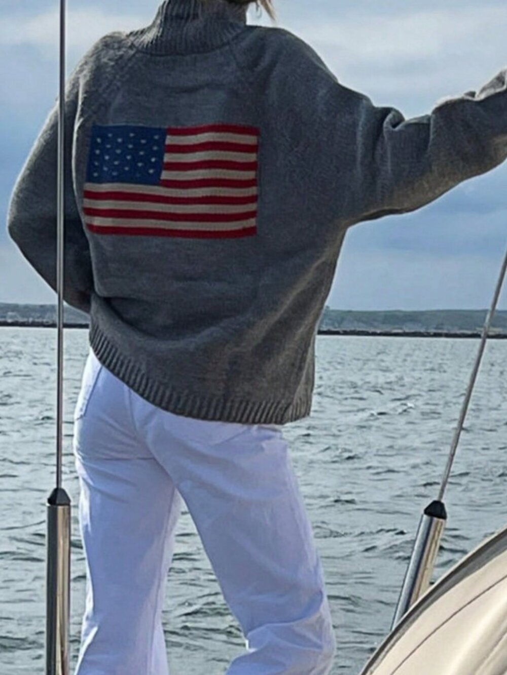 Light Grey Casual Women's Open Front Cardigan with American Flag Print - Picture 2 of 3